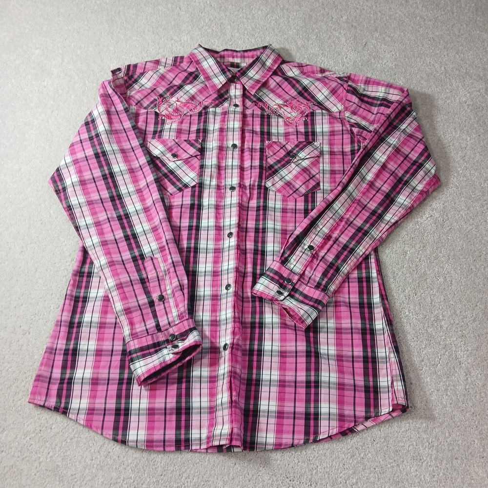 Cowgirl Hardware Rhinestone Embroidered Plaid Size XL Western Pearl Snap Shirt